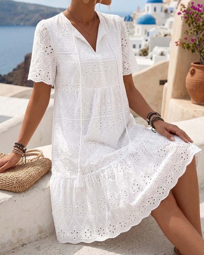 Aphinya | Eyelet Embroidered V-Neck Midi Dress