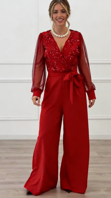 Meira - Mesh Sleeve Embellished Wide Leg Jumpsuit