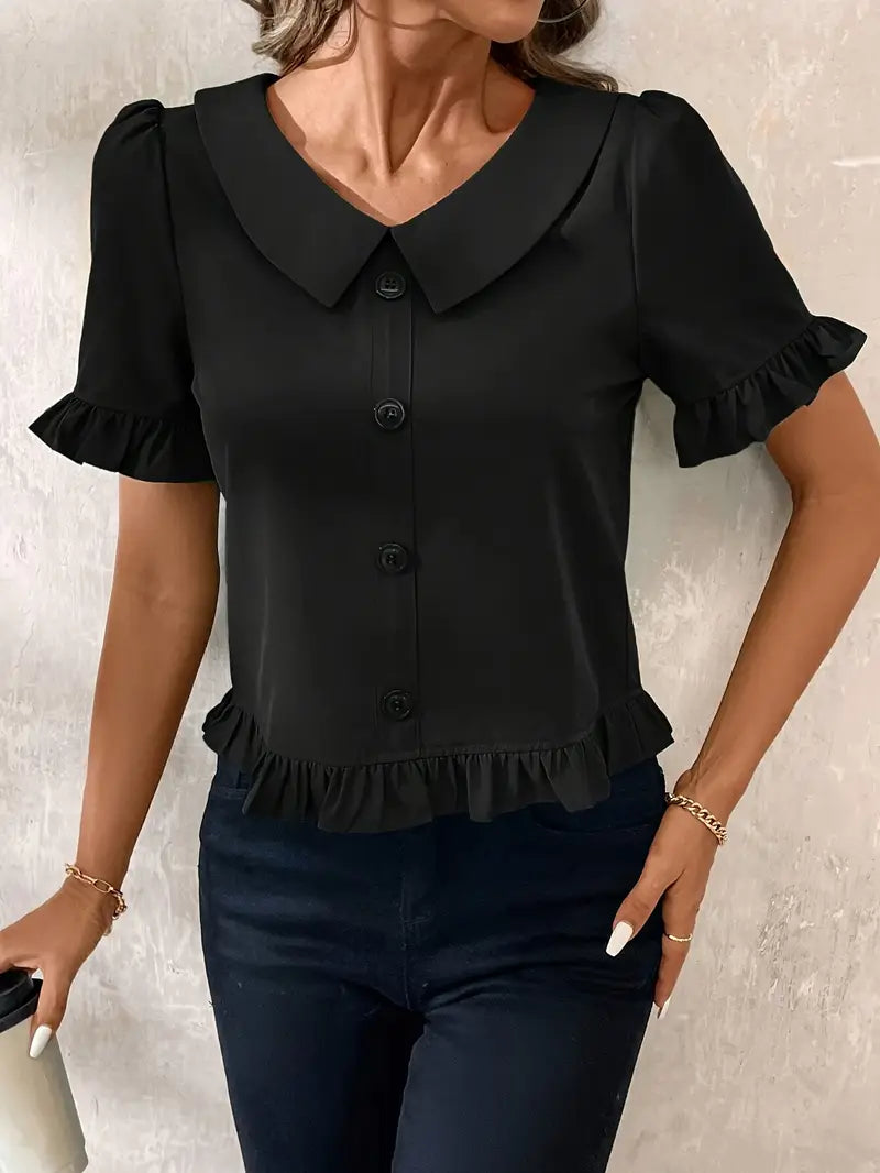 Foteini - Short Sleeve Ruffle Hem Button Blouse