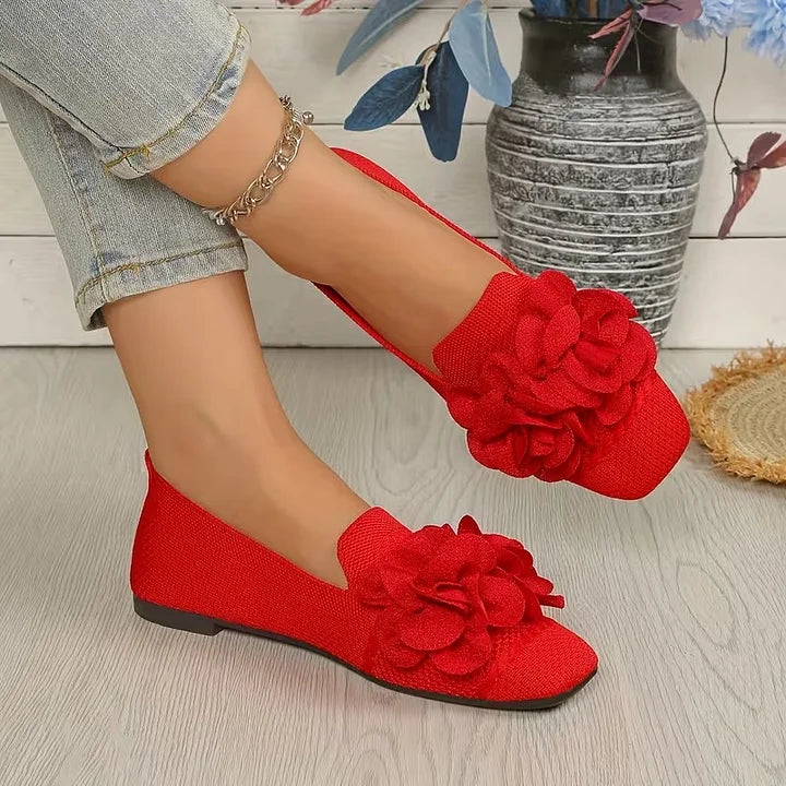 Catriona | Flower Knit Square Toe Ballet Flats