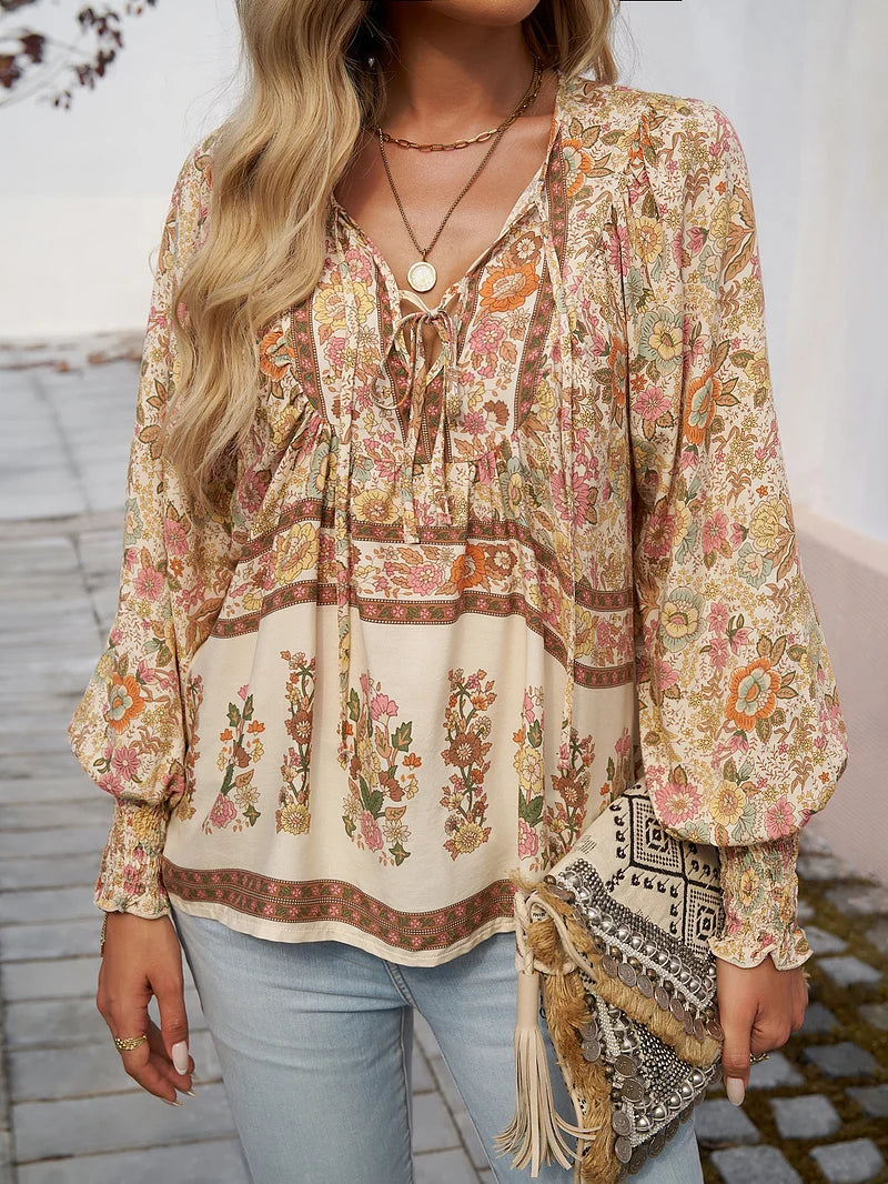 Sallie - Printed Tie Neck Long Sleeve Blouse