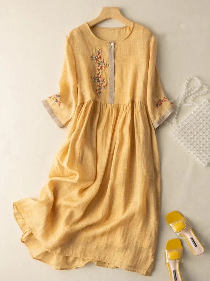 Ruth - Embroidered Midi Dress Three Quarter Sleeves