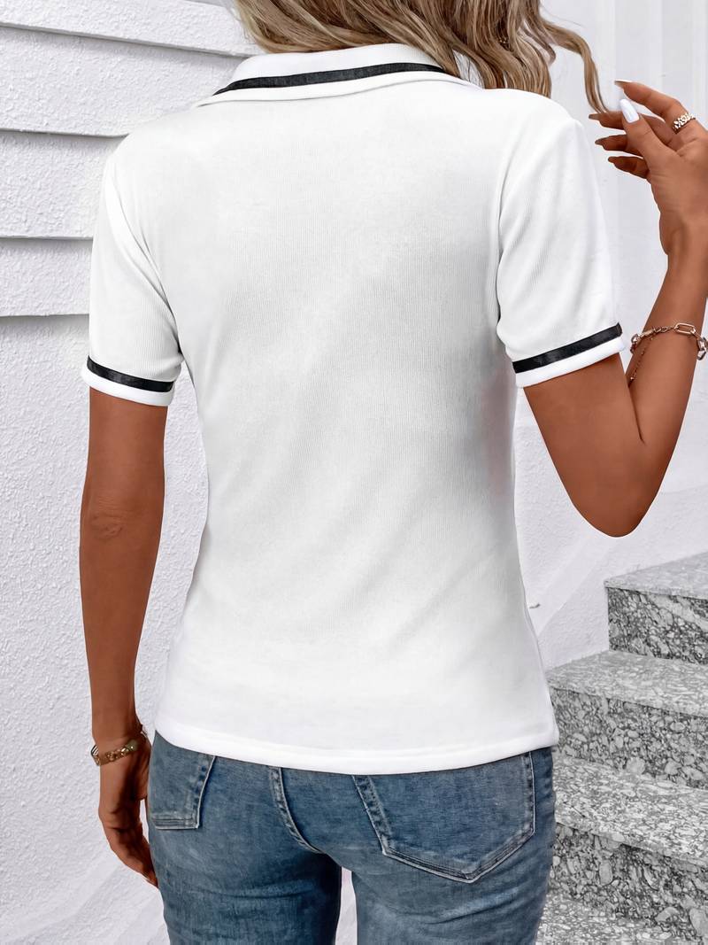 Nelia | Ribbed Short Sleeve Zip Collar Top
