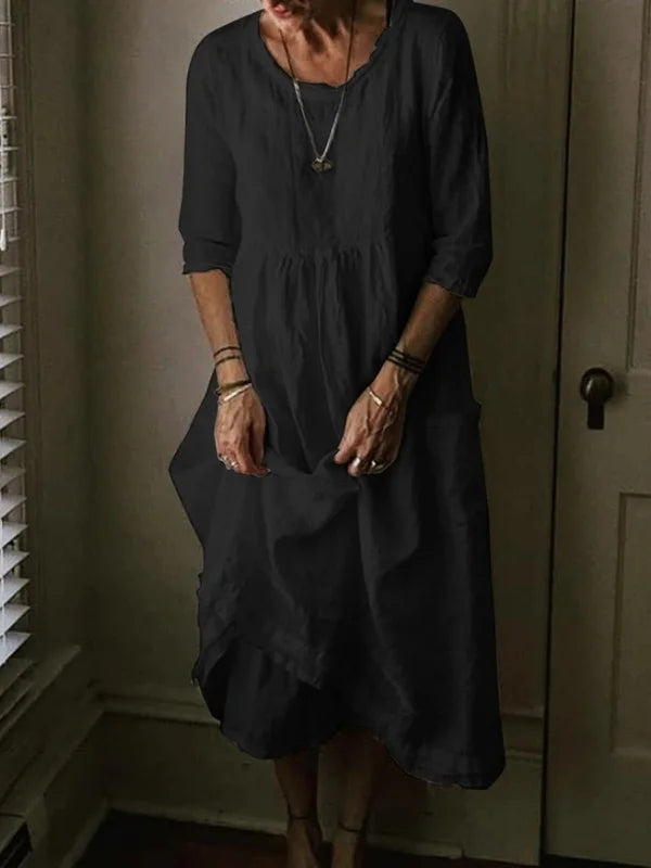 Tasoula | Round Neck Midi Linen-Style Dress