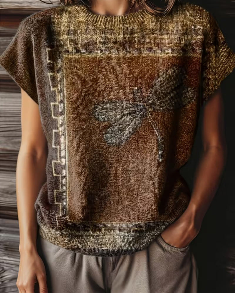 Dyniza - Knitted Sweater Dragonfly Print Short Sleeve