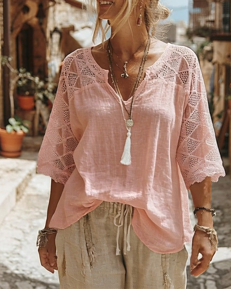 Essien - Lace Sleeve Loose Fit V Neck Blouse