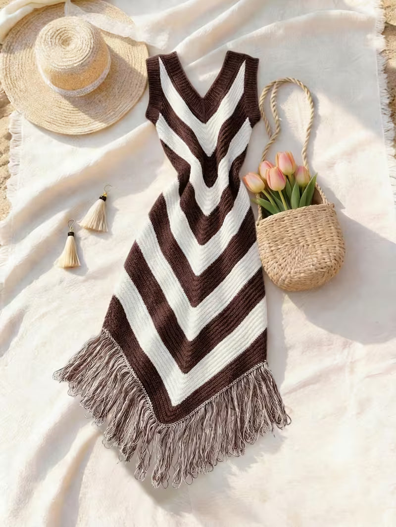 Foley | Knitted Chevron V-Neck Sleeveless Midi Dress
