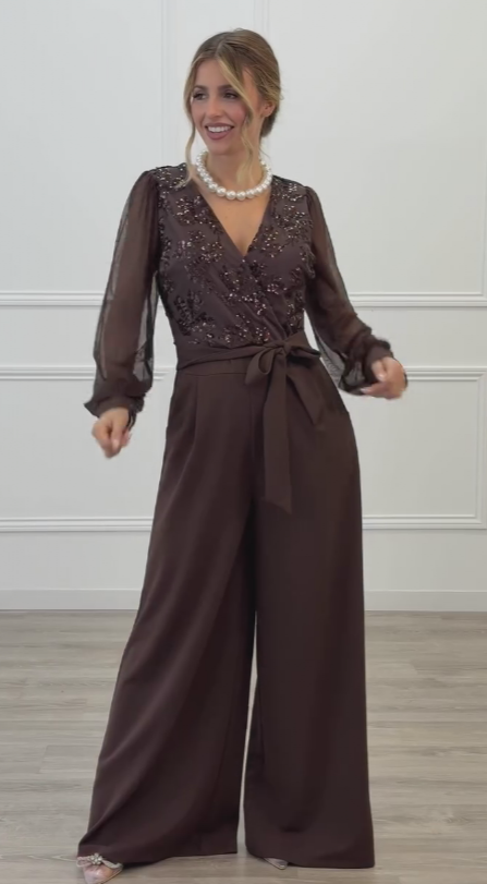 Meira - Mesh Sleeve Embellished Wide Leg Jumpsuit