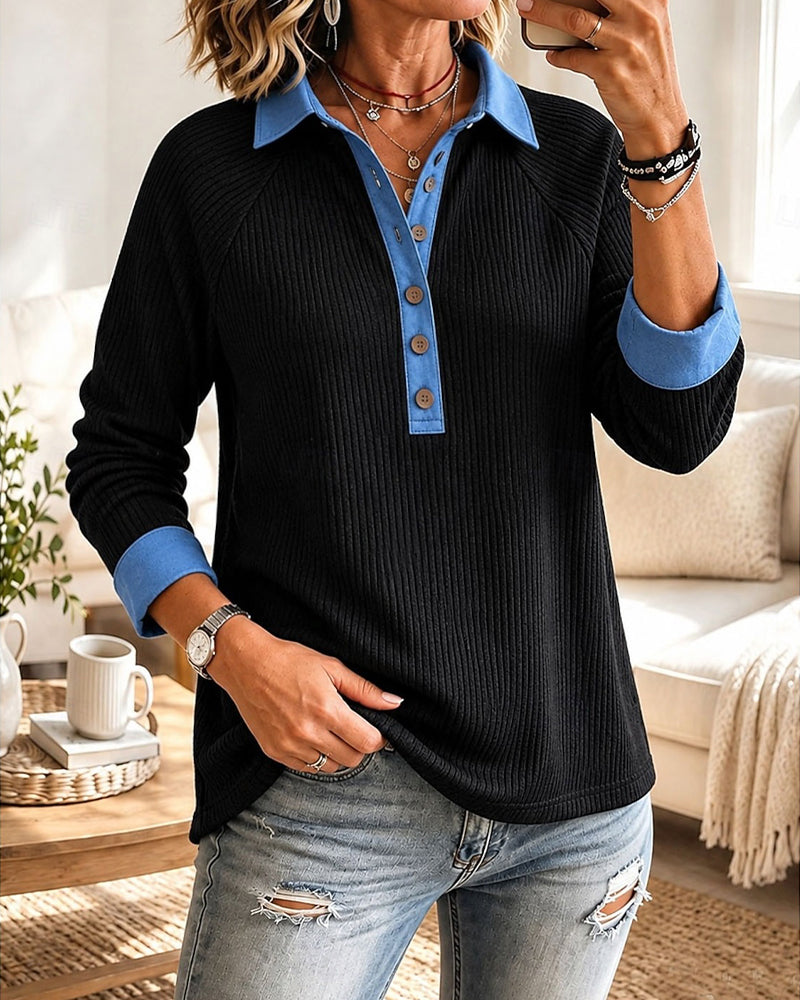 Klishina | Ribbed Polo Top Button Front Collar