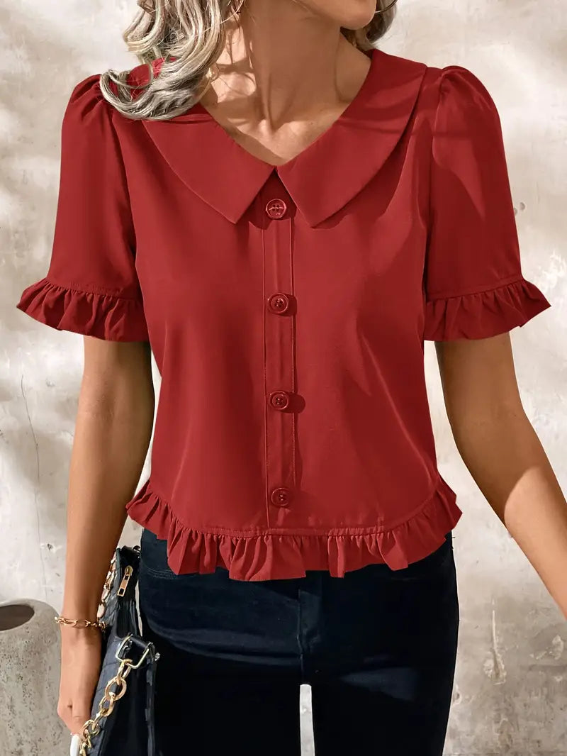 Foteini - Short Sleeve Ruffle Hem Button Blouse
