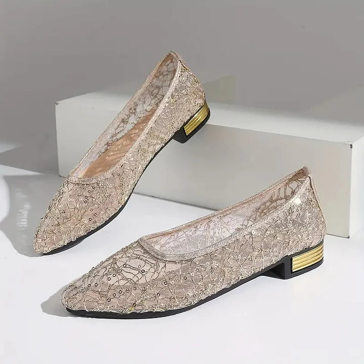 Tenley | Silver Lace Low Heel Flats