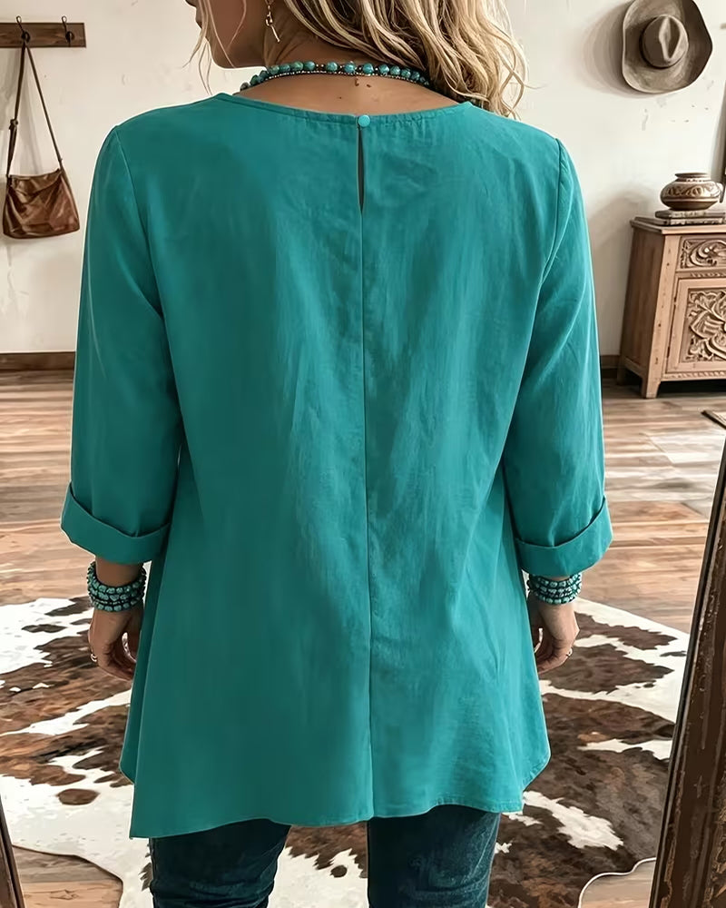 Taireen | Tunic Blouse with Pleated Round Neckline
