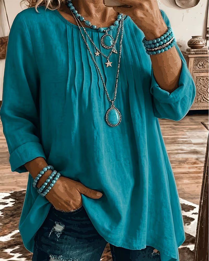 Taireen | Tunic Blouse with Pleated Round Neckline