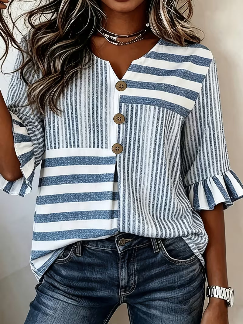 Avyra | Striped Patchwork Ruffle Sleeve Top