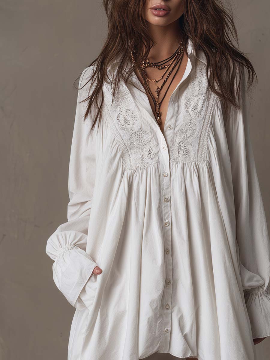 Amparo - White Embroidered Long Sleeve Shirt Dress