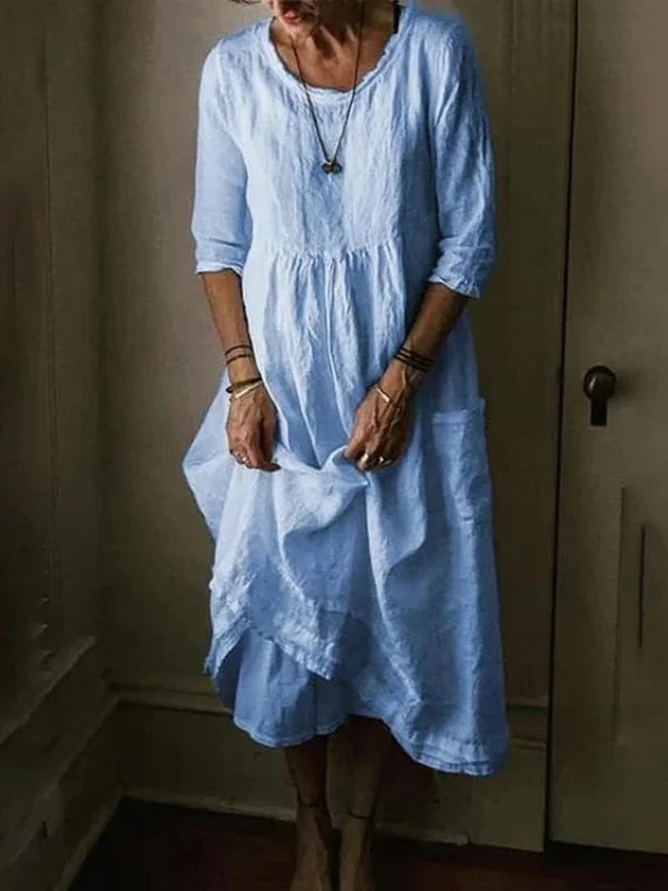 Tasoula | Round Neck Midi Linen-Style Dress
