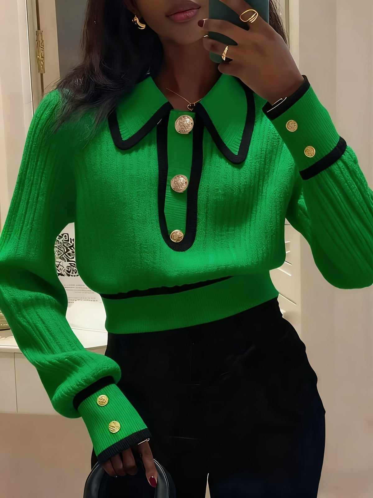 Roweina | Long Sleeve Contrast Trim Button Jumper
