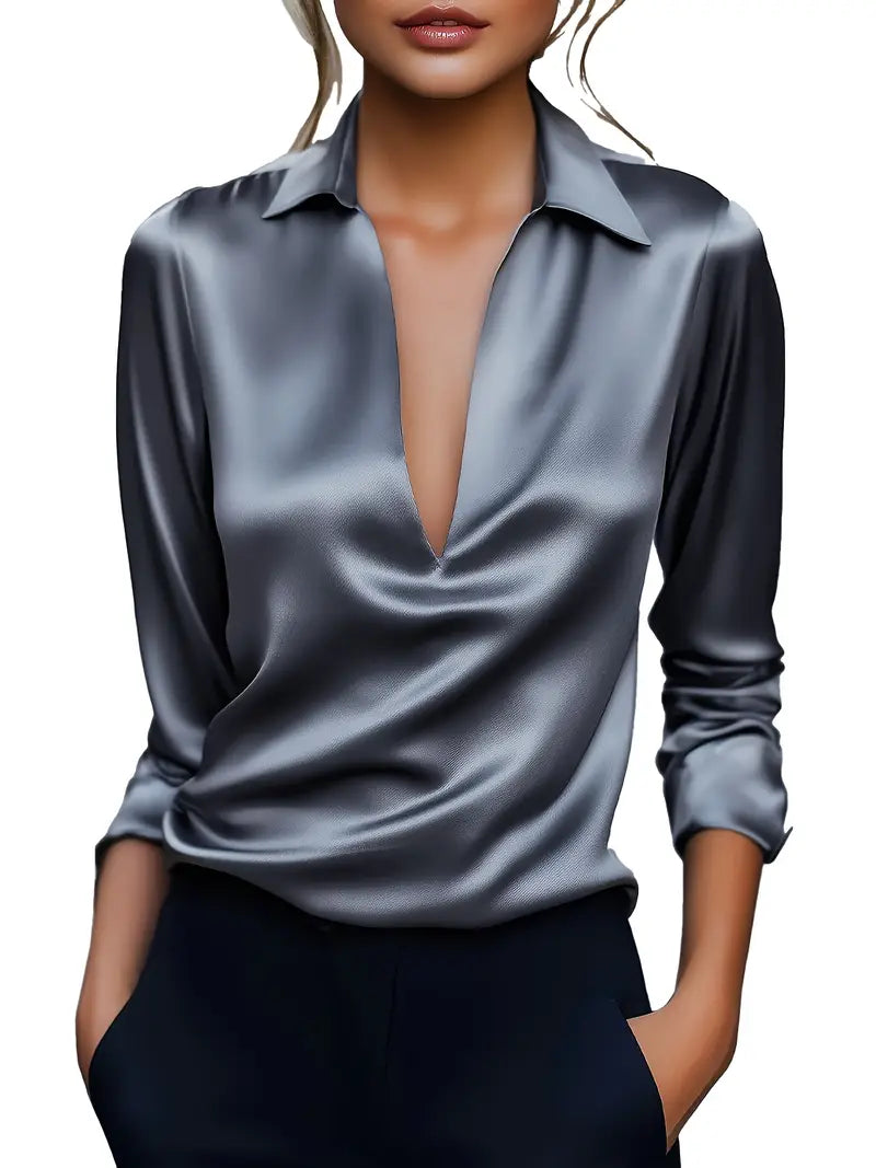 Lianyandra | V-Neck Satin Blouse in Light Pink