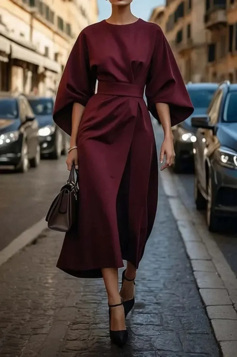 Rita | Belted Batwing Sleeve Midi Dress