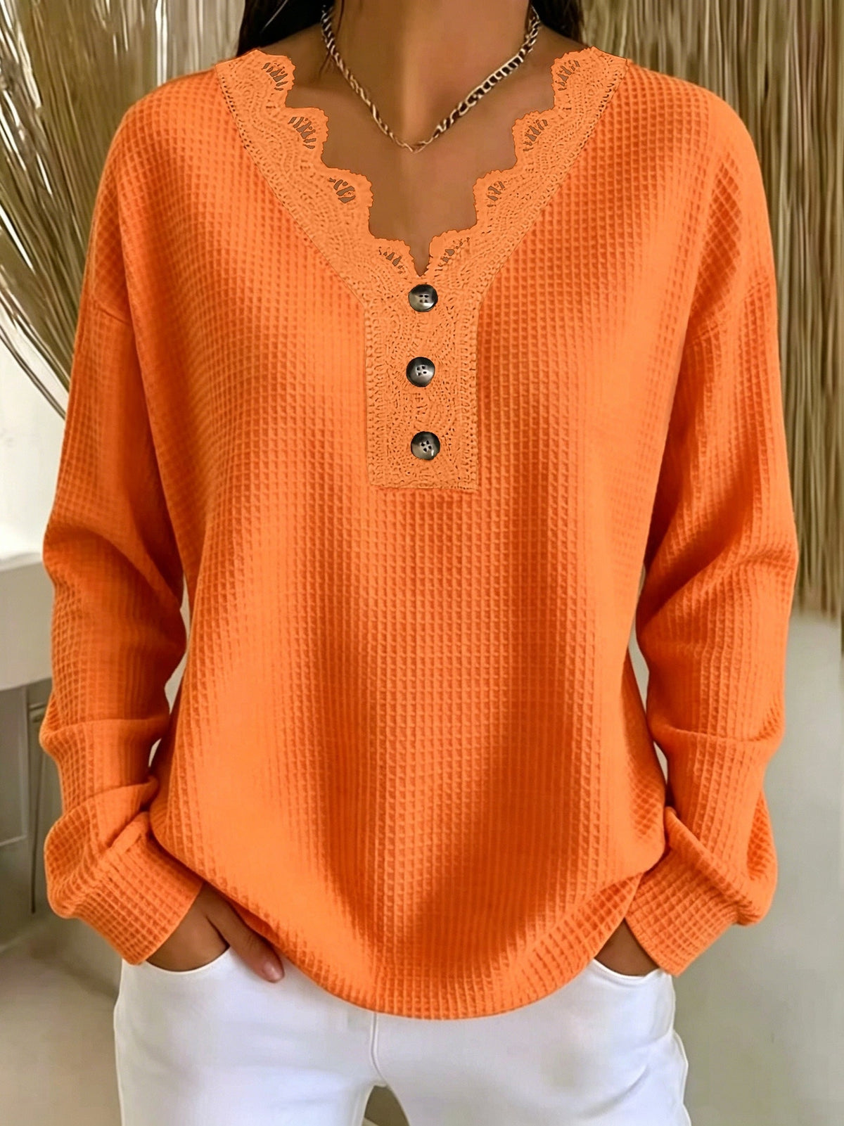 Brigeaia | Long Sleeve Lace Top with Button Front