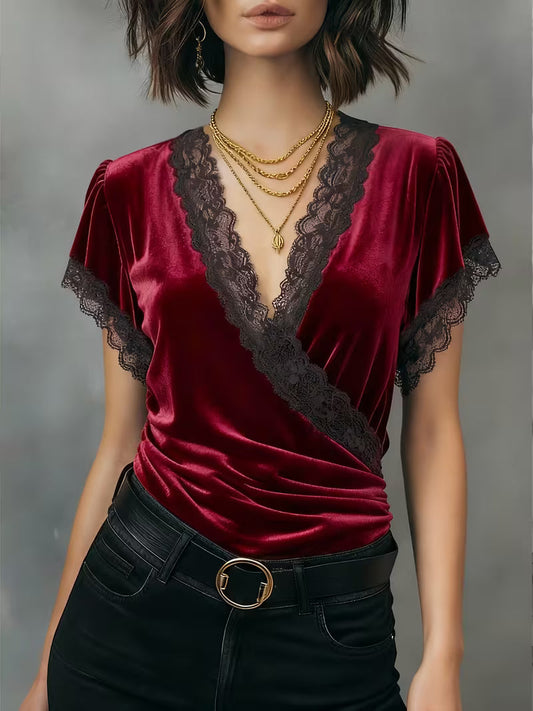 Jalisa | Velvet Lace Trim Wrap Neck Top
