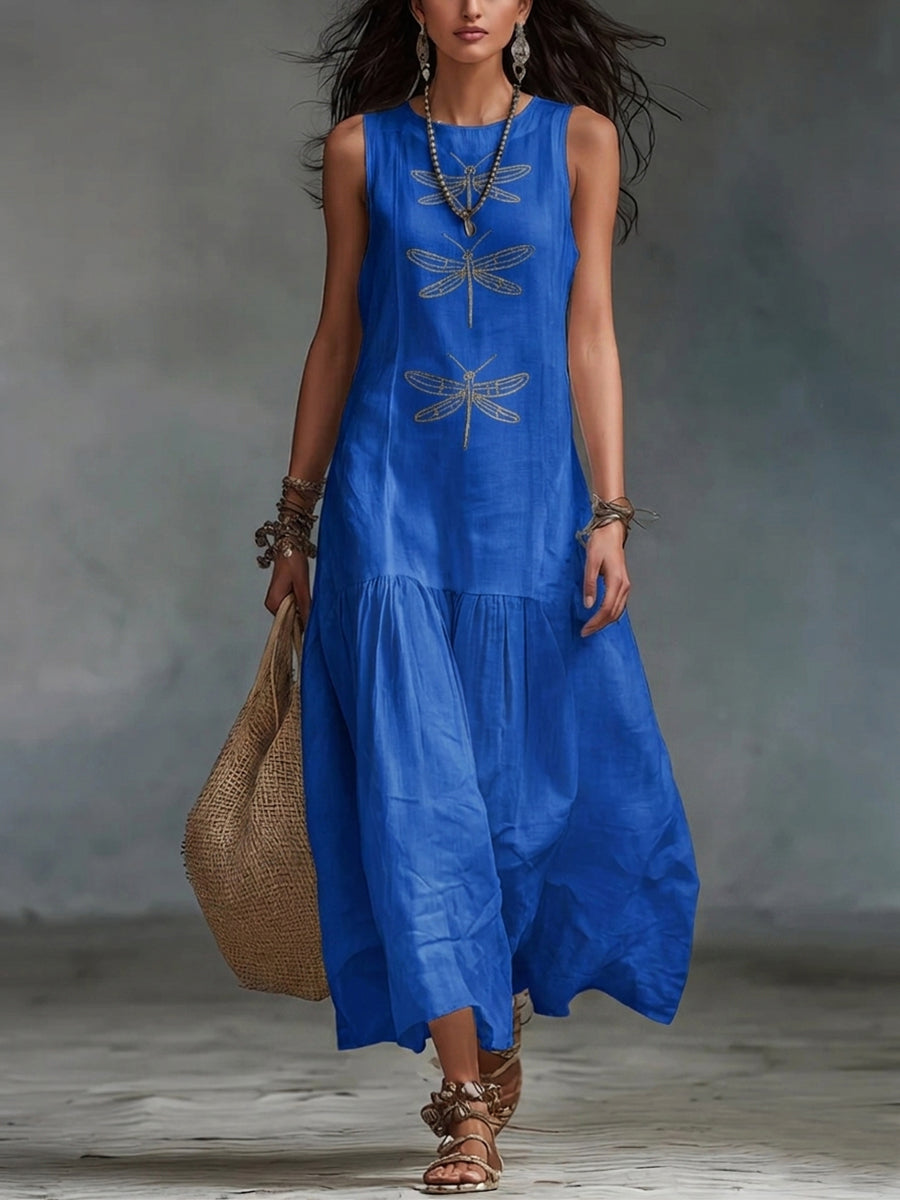 Kevina | Sleeveless Dragonfly Print Tiered Maxi Dress