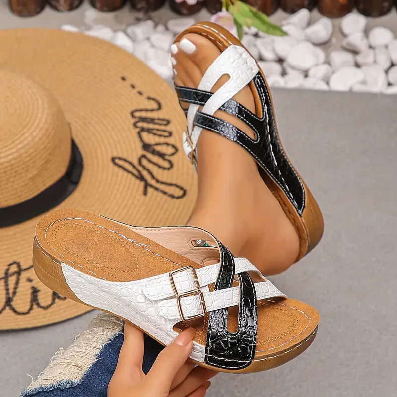 Deniza | Cross Strap Double Buckle Slide Sandals