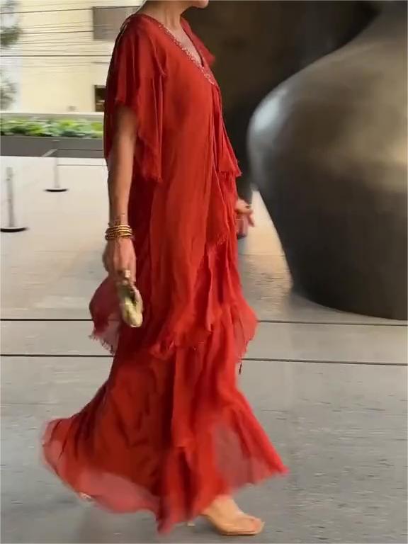 Carlijn | V-Neck Ruffle Maxi Dress Short Sleeve