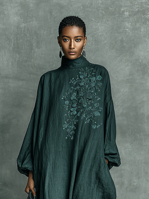 Mirra | Maxi High Neck Embroidered Loose Dress