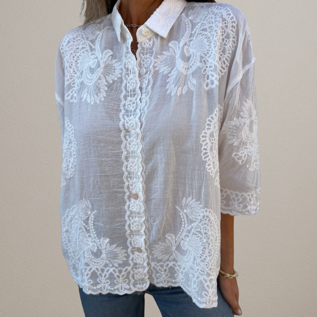Nalini | White Embroidered Collared Lace Blouse