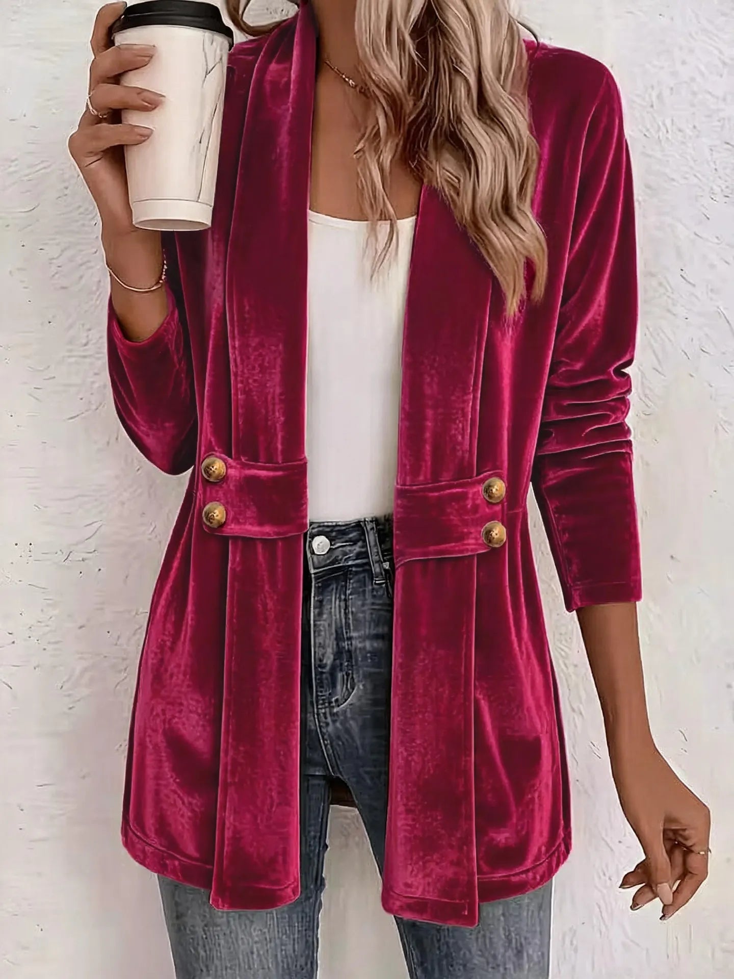 Sdenia | Velvet Style Open Front Longline Blazer