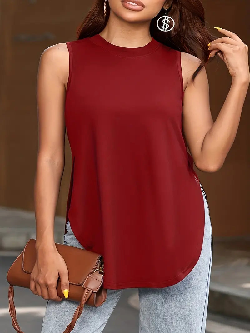 Desirae | Sleeveless Round Neck Curved Hem Top