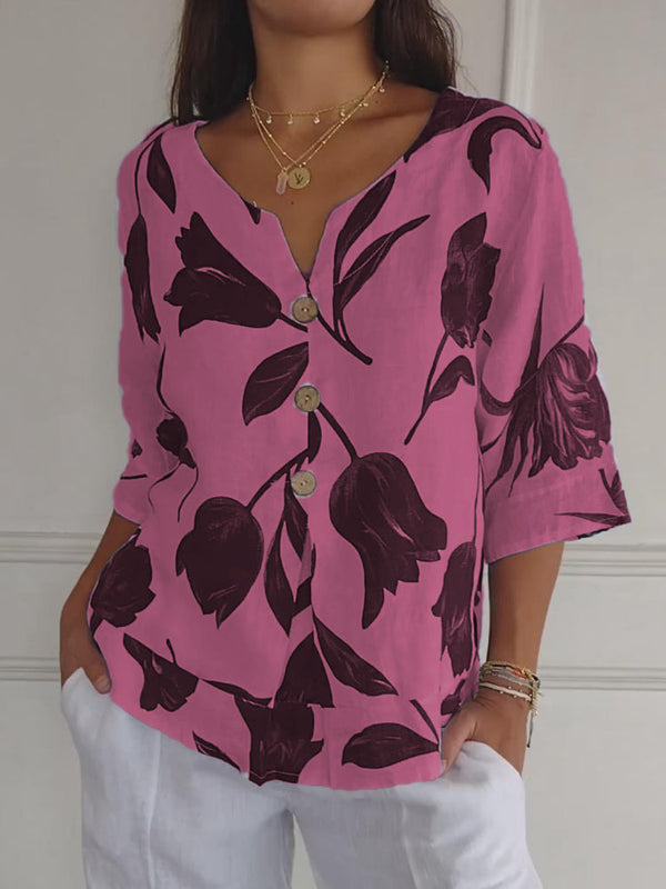 Despoina | Floral Linen V-Neck Button Blouse