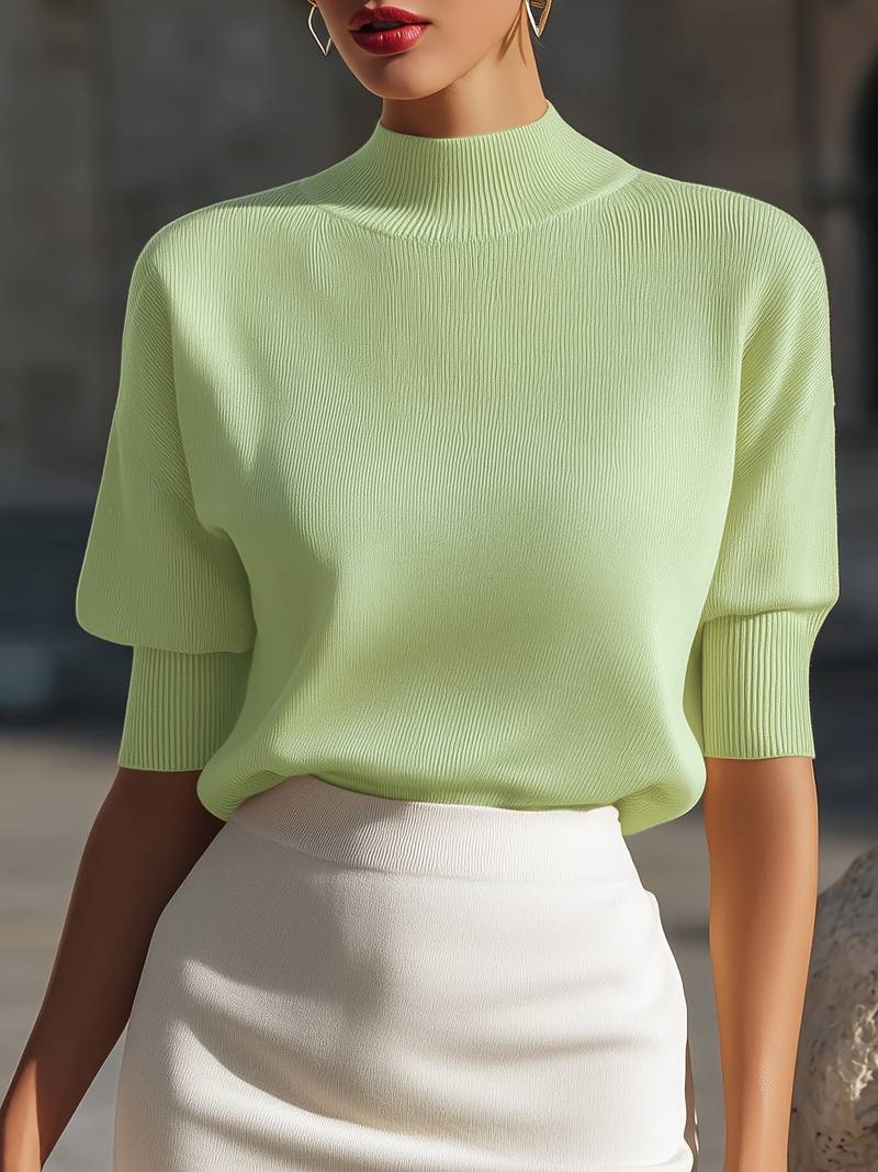 Jenni | Mock Neck Ribbed Short Sleeve Top
