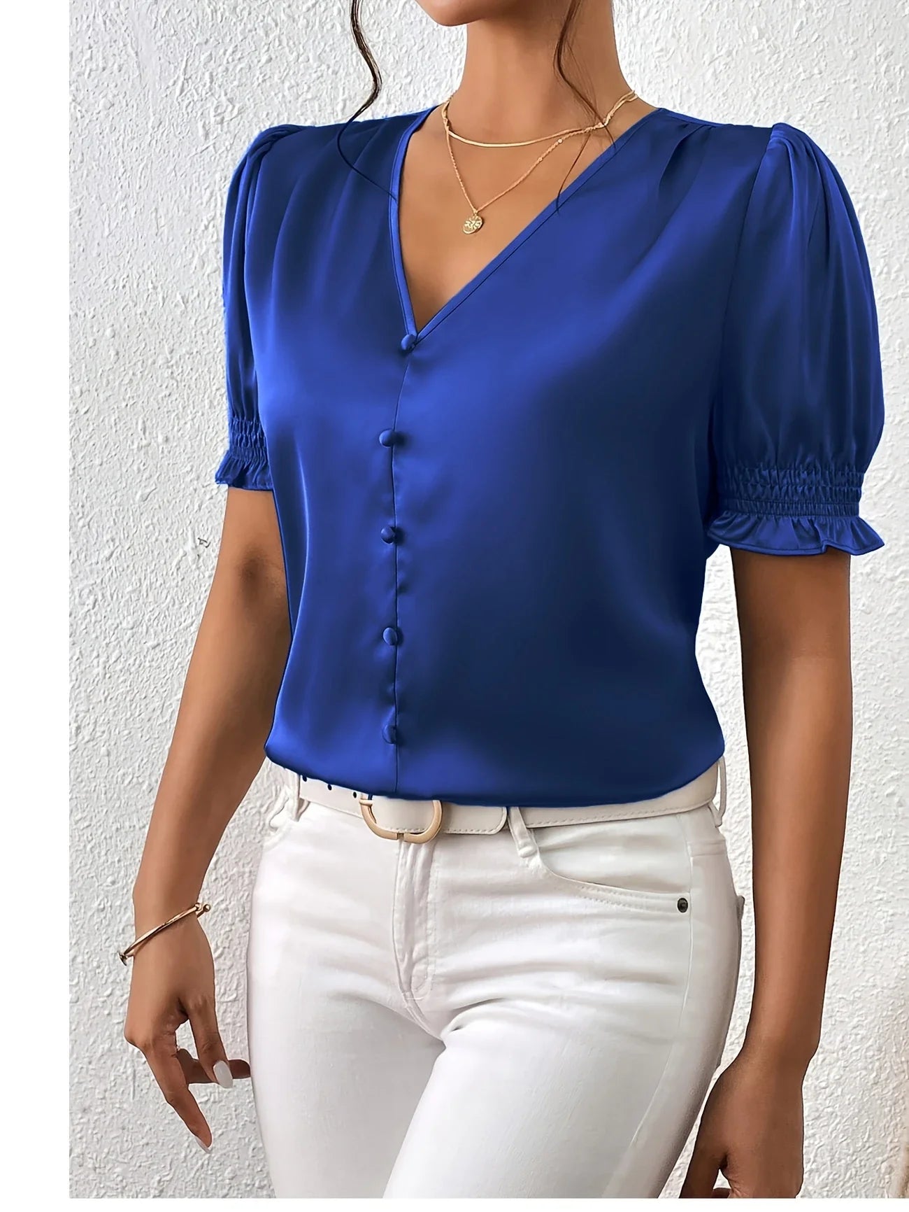 Abella | Puff Sleeve V-Neck Button Blouse