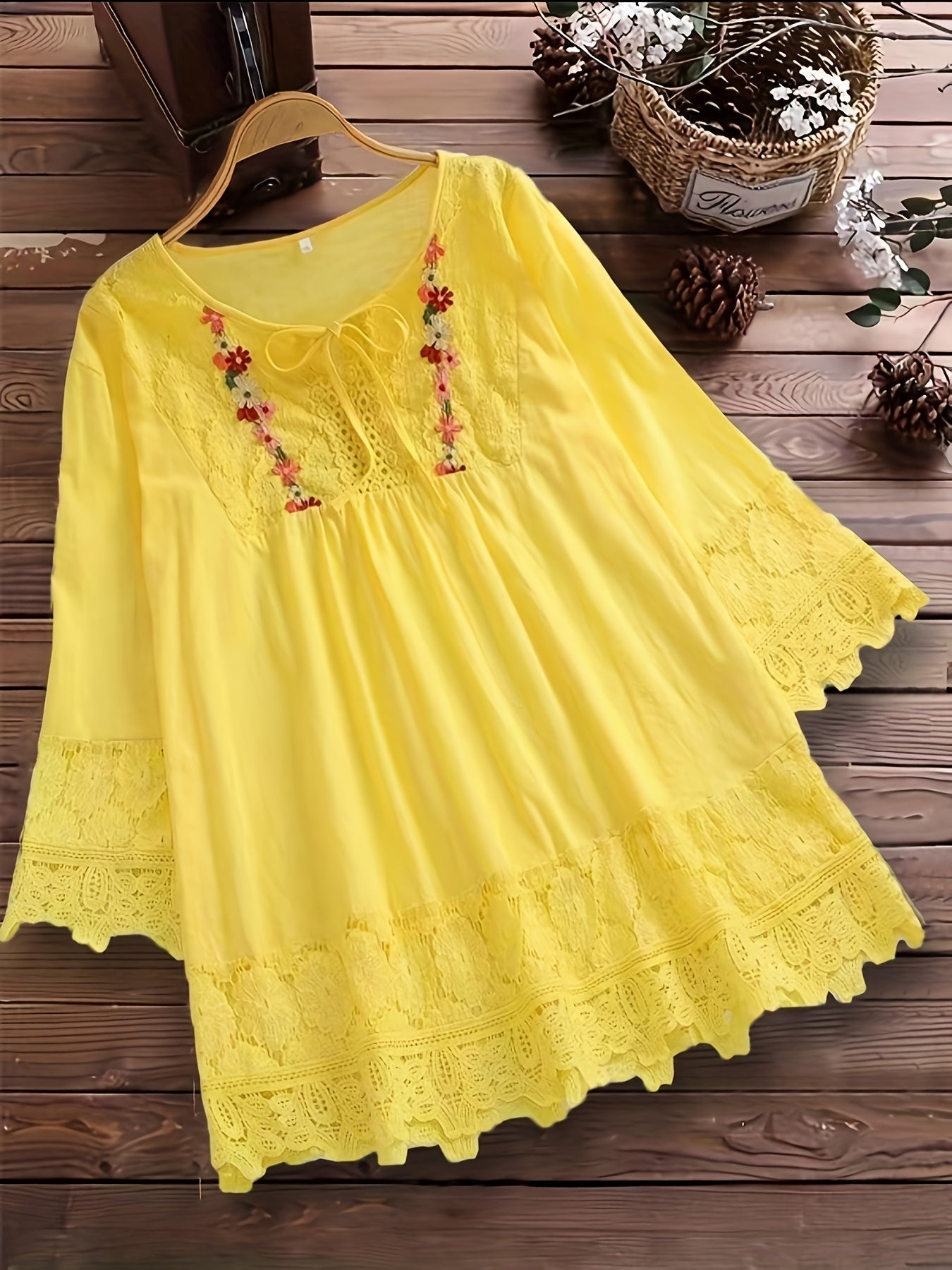 Esmeralda | Lace Trim Embroidered Tie Neck Blouse