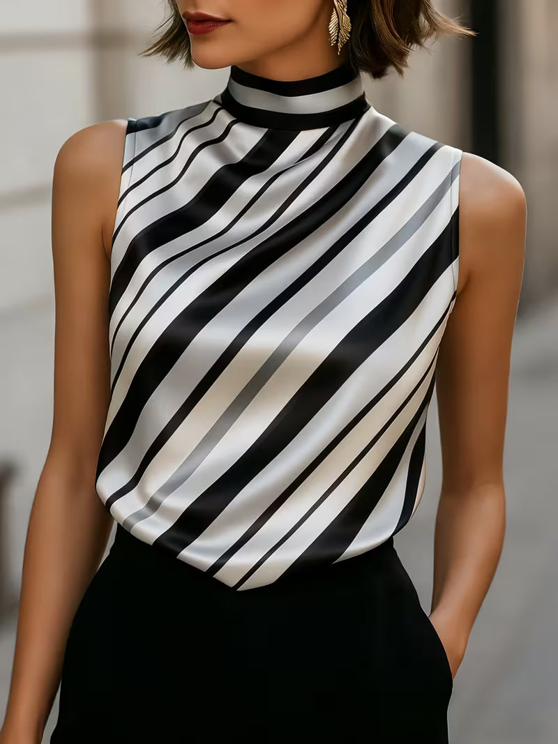 Alyza | Striped Satin High-Neck Sleeveless Top