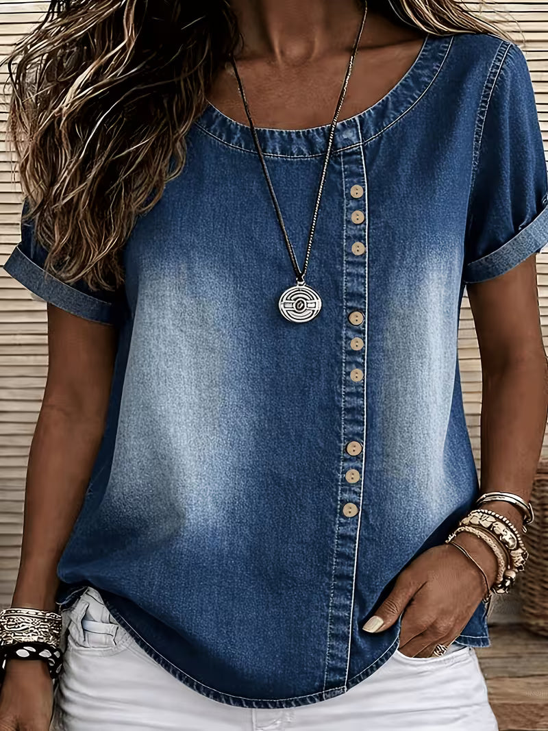 Ferina | Denim Style Short Sleeve Button Top