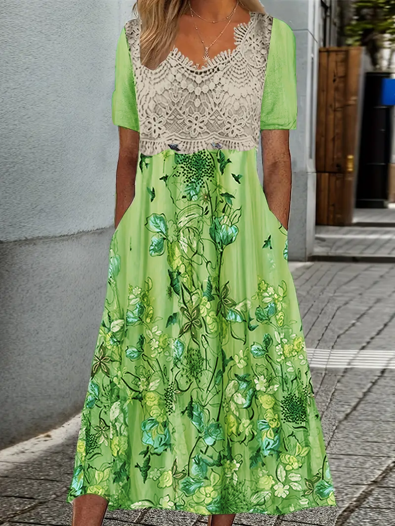 Renata | Floral Print Midi Dress Lace Panel