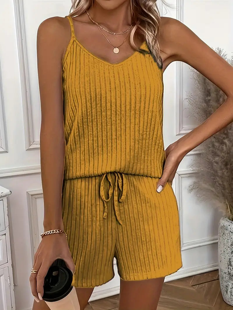 Isalie | Ribbed Sleeveless Drawstring Shorts Set