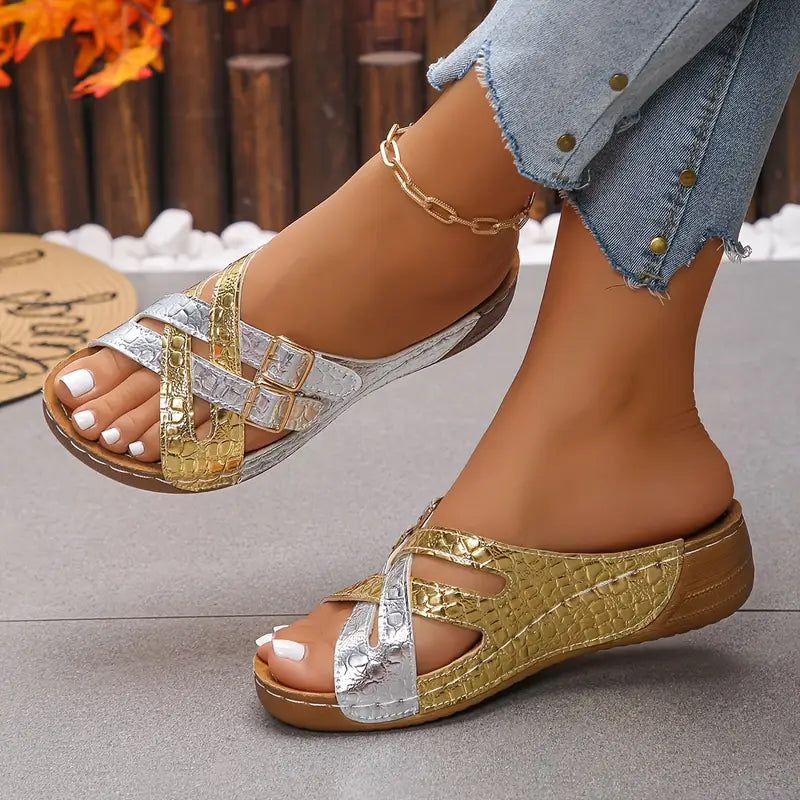 Deniza | Cross Strap Double Buckle Slide Sandals