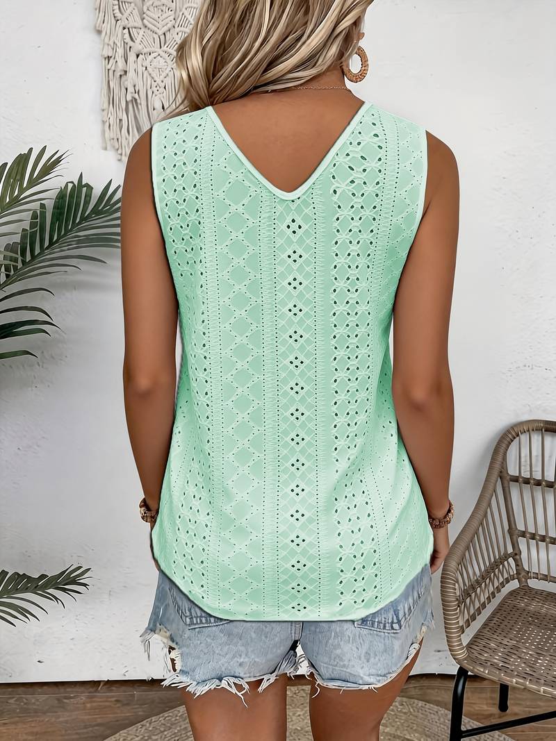 Melique | Sleeveless V-Neck Eyelet Lace Trim Top
