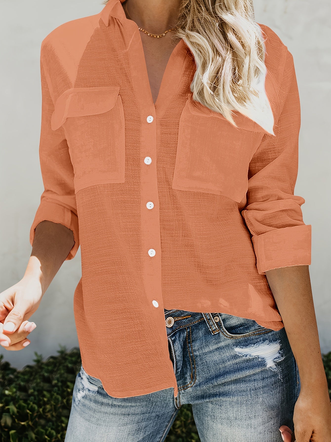Priscilla | Long Sleeve Button-Up Pocket Shirt Blouse