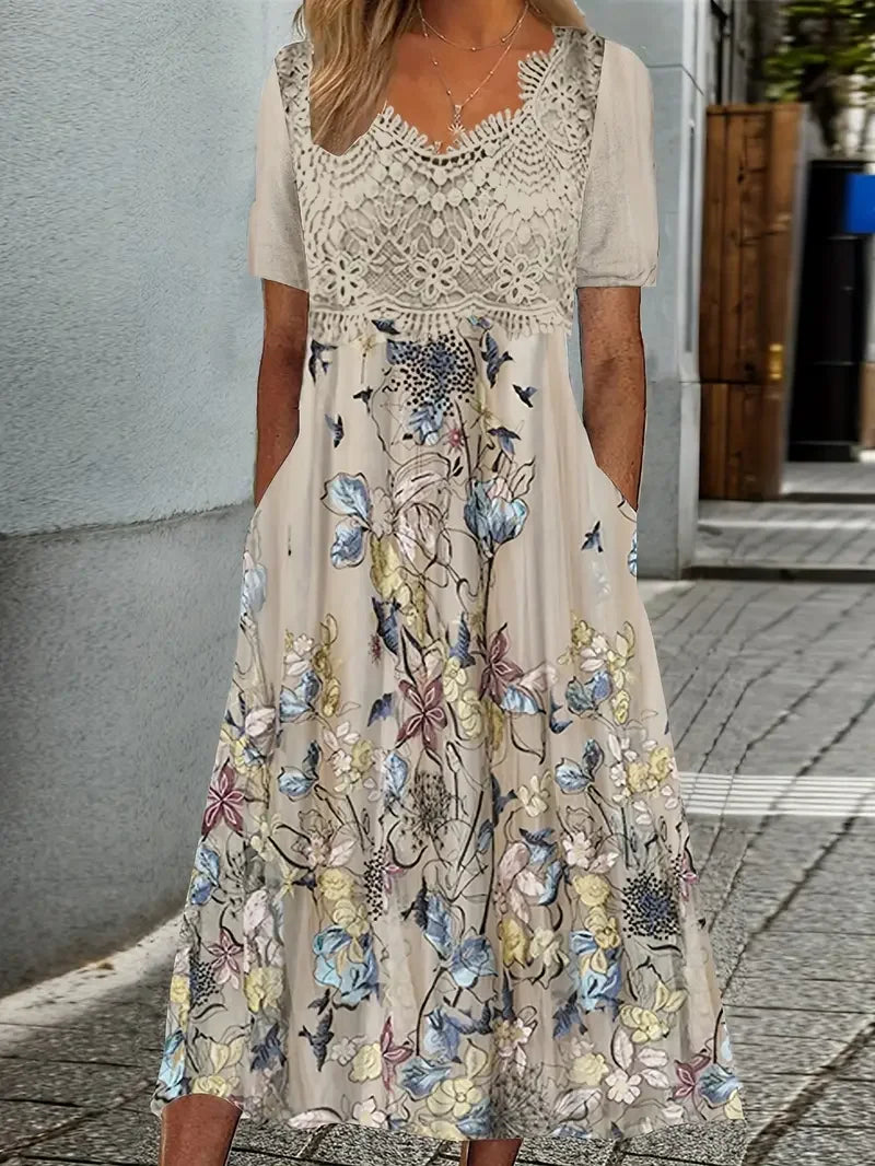 Renata | Floral Print Midi Dress Lace Panel