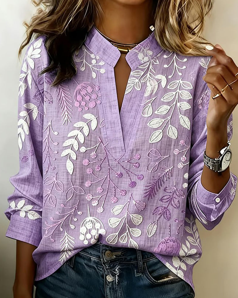 Adanna | Floral Print Split Neck Long Sleeve Blouse