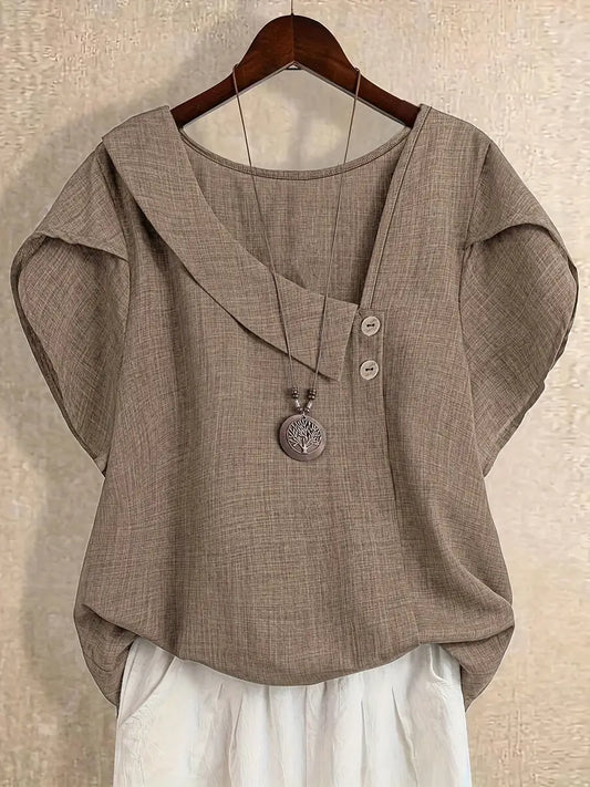 Milany | Linen Asymmetric Button Short Sleeve Blouse