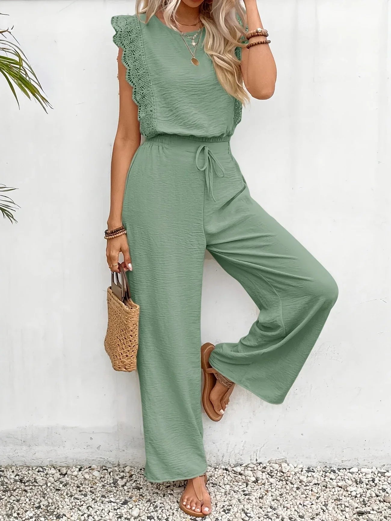 Ziva | Sleeveless Lace Trim Trouser Set
