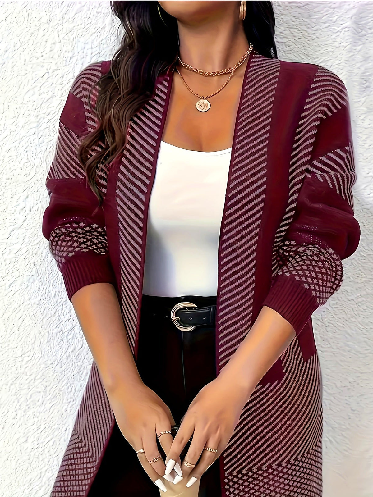 Liliyicia | Longline Geometric Knit Open Front Cardigan
