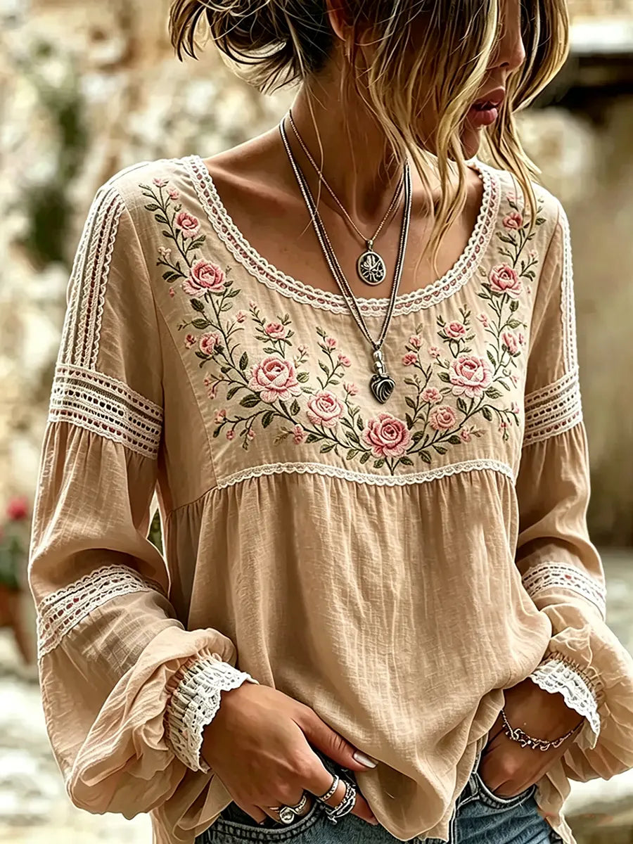 Esraa | Floral Embroidered Lace Trim Blouse