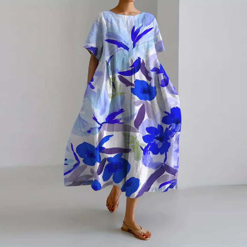 Lucasta | Floral Linen Short Sleeve Midi Dress